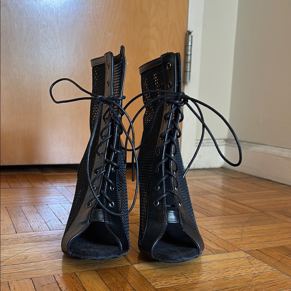 Stylish Black Lace-Up Peep Toe Boots